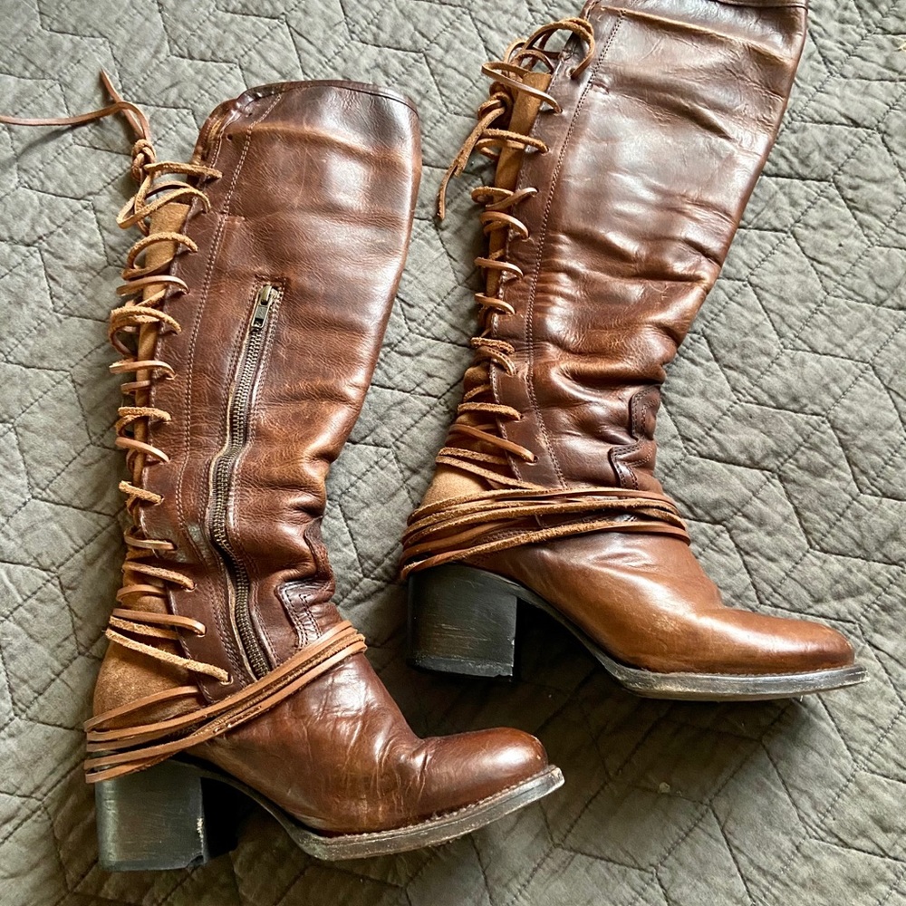 Freebird Coal, Tall Leather Lace-back Boots